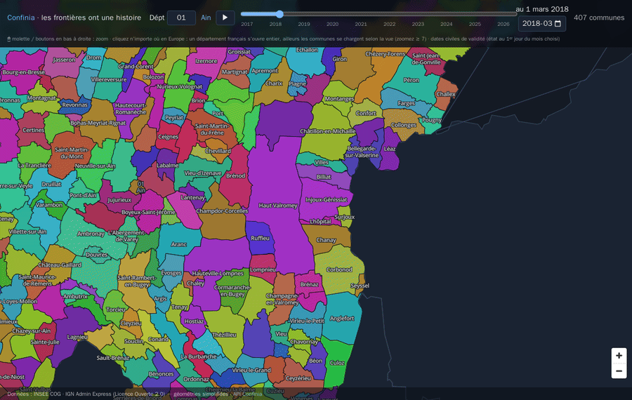 Time-slider animation: three communes of the Ain merging into Valserhône as the date crosses January 2019